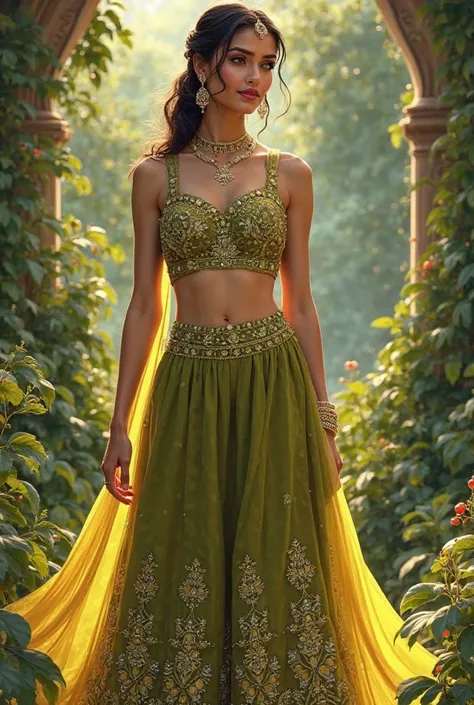 A women wearing short anarkali suit with mirror design on it with plazzo pants all in olive green colour 