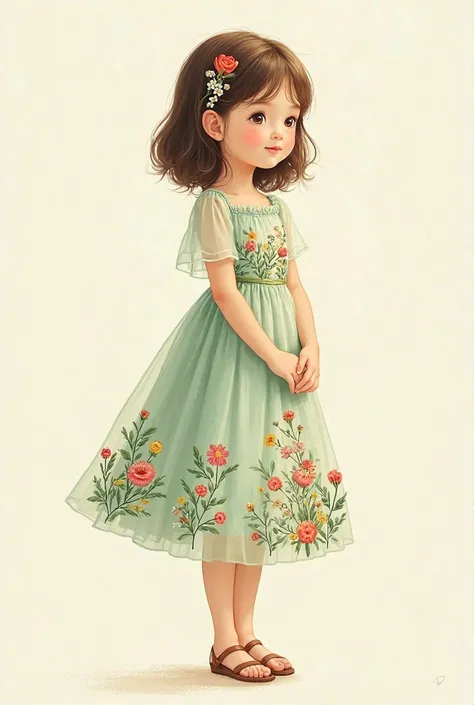 age girl、  very young 、 brown hair、 gold、  light green dress、even the hem of the dress is embroidered。and shows her full body、It's embroidered with、Botanical、flowers with various colored threads、