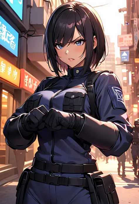 (masterpiece:1.2,Best Quality,Best Quality,Very  details:1.2),8k, wallpaper,(one woman),( future female SWAT team member ),avoid being spotted by enemies.:1.6),(( bright)),( Extremely fit white and dark blue Earth Federation Army uniform),(perfectionな体),(T...