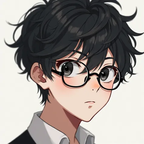 short black Fluffy Middle Swept Hair style hair, black eyes, white skin color,  nerd glasses, anime men, young man traces