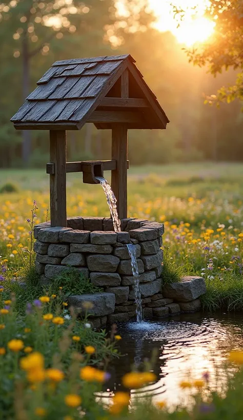 "A wooden well with a dark brown sloping roof, standing on a solid stone foundation. From a small hole in the stone wall, Clear water flows forming a small waterfall into the pool below. Around the well, there is a green meadow filled with yellow wildflowe...