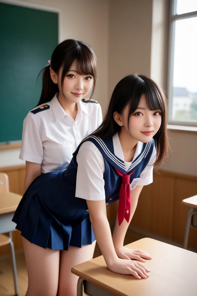 Best Quality,  Ultra High Resolution、realistic skin、classroom、Japanese、((Two cute s and women))、(( Low))、(( body type))、(( small tits))、 black hair、brown eyes、uniform、standing doggy