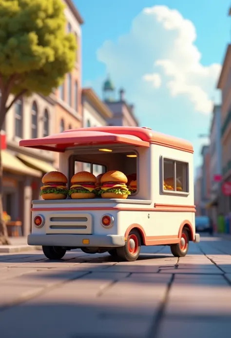  Disney Pixar style 3d. A white food truck that sells hamburgers in the city center.