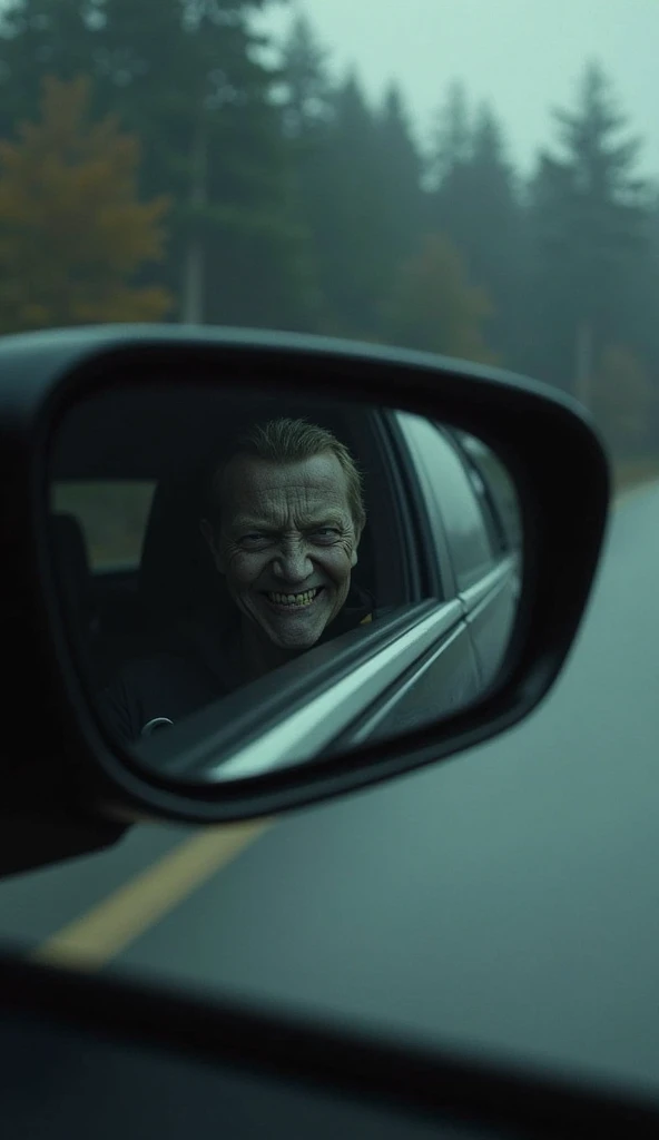  A small  of about  , YOU SEE THROUGH THE REARVIEW MIRROR WITH A TERRIFYING LOOK AND A DIABOLICAL SMILE