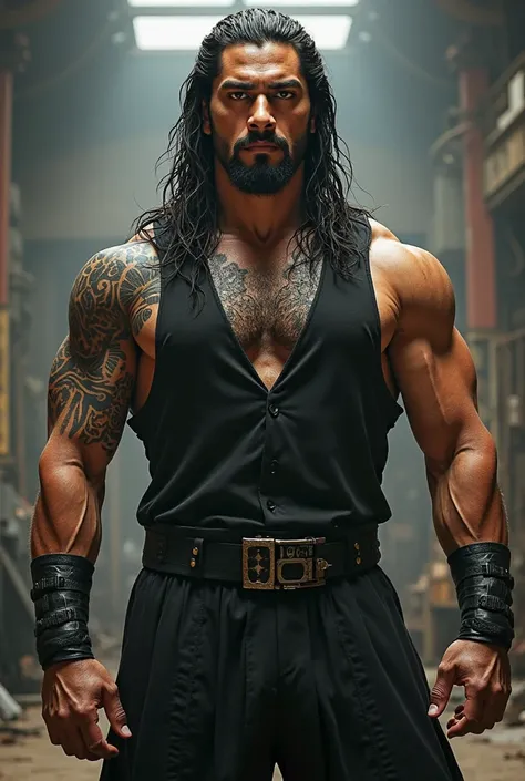 Wwe wrestler romen rense with allu Arjun image clothes color black hair long 