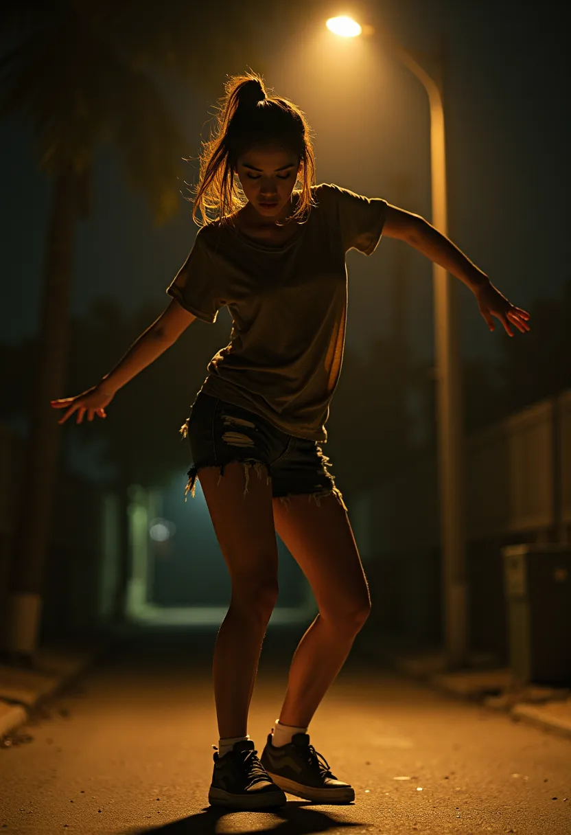  A Lone Figure Under a Streetlamp, Focus on the shadows, A girl practicing intense dance moves with sharp poses, Sweaty girl, wet hair, Dirty T-shirt and shorts, Worn out sneakers