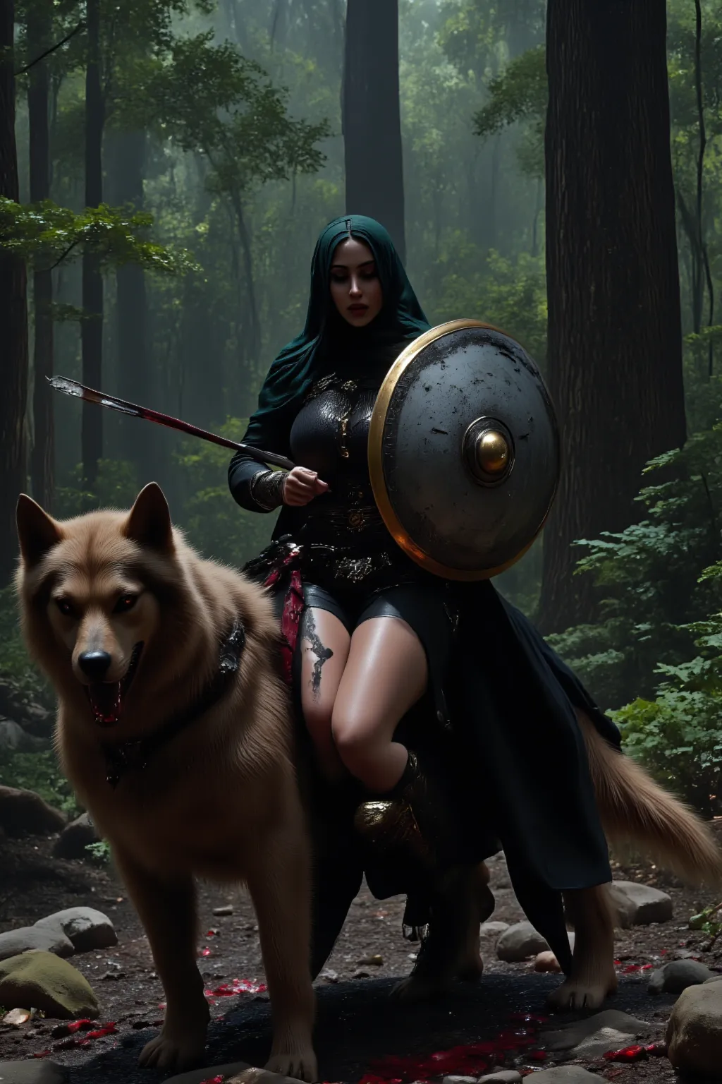 Fantasy scene, indonesian mature woman, asian face detail, age 35, huge boobs, wear dark green hijab, wear black short chainmail tunic front opened wide, wear high laceup iron boots, her big boobs exposed, no panties, showing nude pussy, naked pussy, wear ...