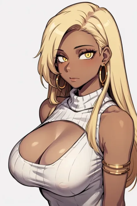 (masterpiece, best quality:1.2),  cervina, 1girl, breasts, hoop earrings, solo, meme attire, jewelry, dark-skinned female, dark skin, open-chest sweater, sweater, earrings, long hair, bracelet, cleavage, cleavage cutout, yellow eyes, clothing cutout, large...