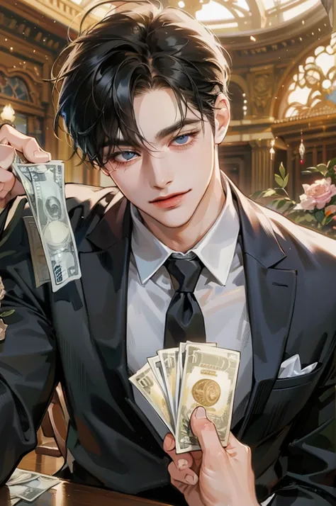 Masterpiece, best quality,(artist) very detailed, 1man black hair, blue eyes, wearing a simple black suit, smile, holding some cash, very rich, A handsome male.  dynamic pose, short bang hair with 7:3 ratio, manly, man. bust shot