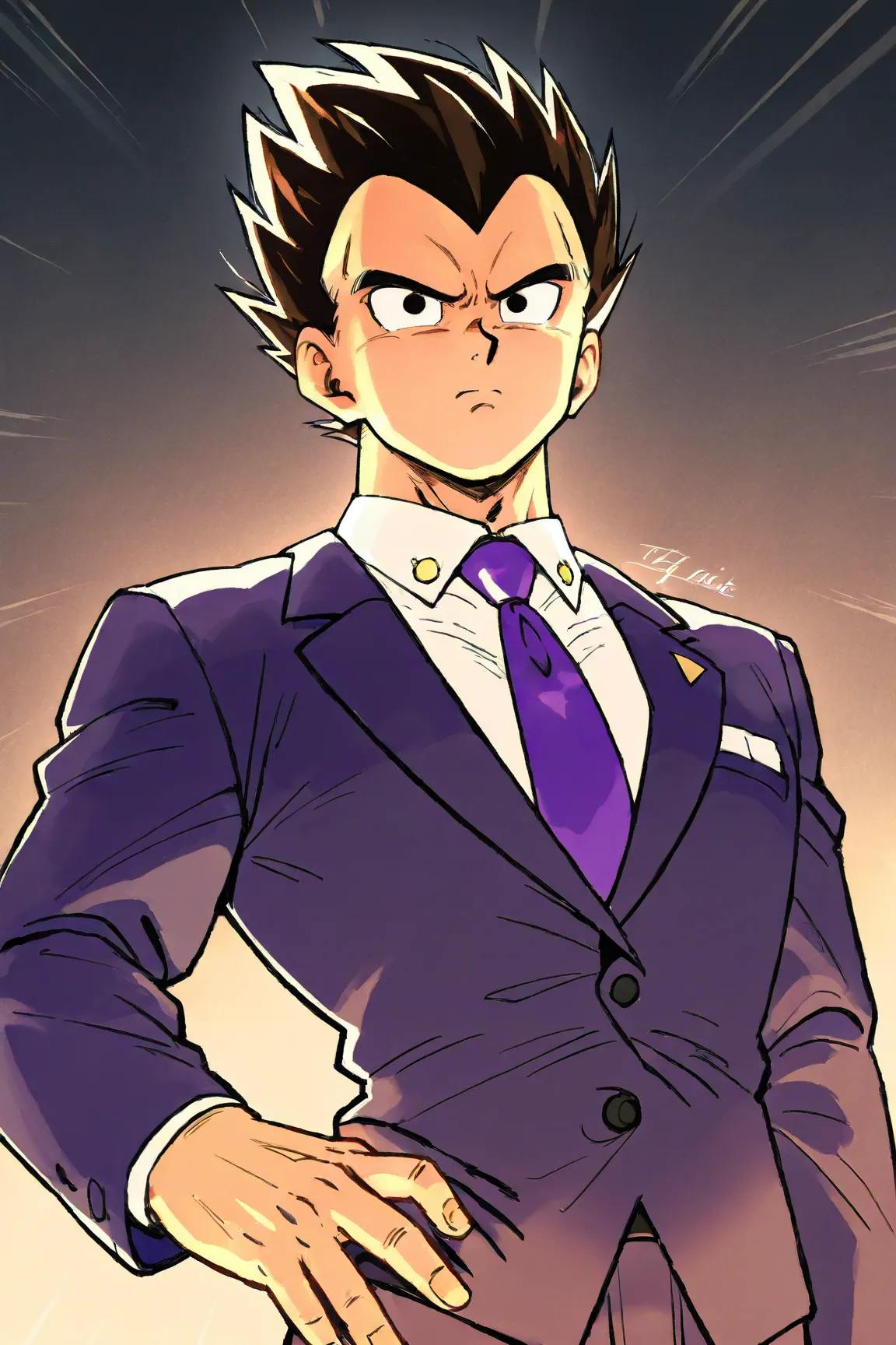 vegeta in a business suit, purple tie