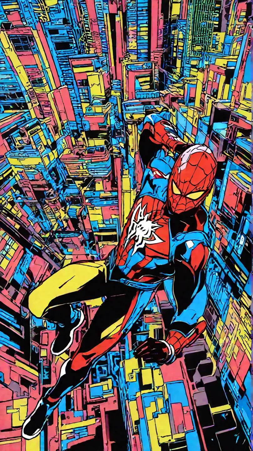 ( high quality, 8k, 4K,  high contrast,  masterpiece:1.2, 最 high quality,  Aesthetics at its best), ( Dynamic Angle ), ((  Male 1 person)), ((fantasy)), (( flat color)), ((  colorful art  )), , Spider-Man,Marvel heroes, New York City skyline ,