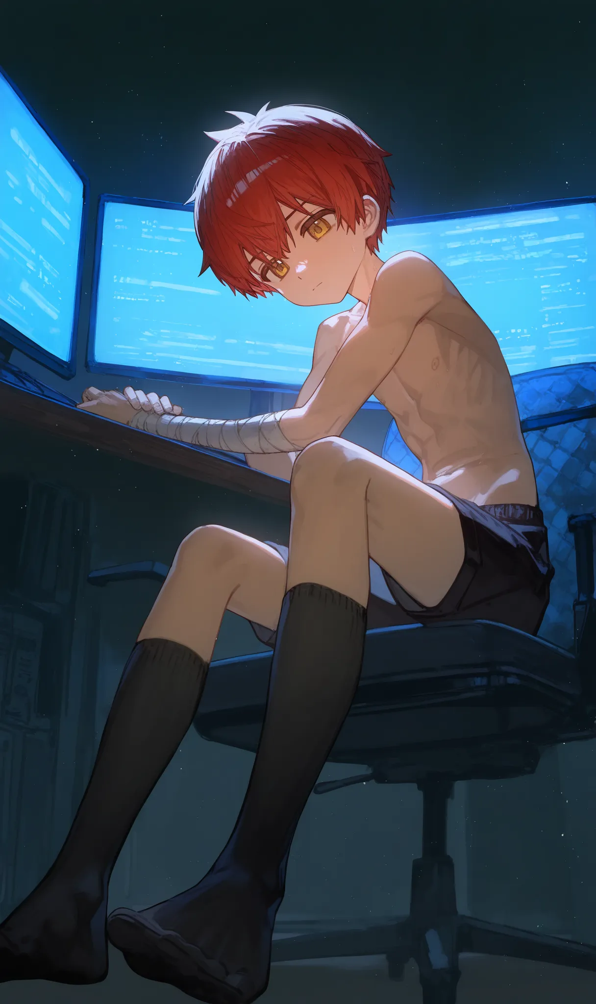 1boy, , , (ciloranko:0.9), lack,foreshortening, red hair,closed mouth, yellow eyes,solo , cinematic, masterpiece, best quality, good quality, newest, highres, absurdres,shota,no shoes,bandaged arm,no shirt, black shorts,sitting down,gamer chair, desk, comp...