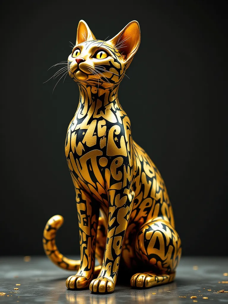 A Graffity Typography 3D Gold Color a Writing Shaped Cat Sculpture,  inscribed  "LUTFIE" (text : Indonesian language)