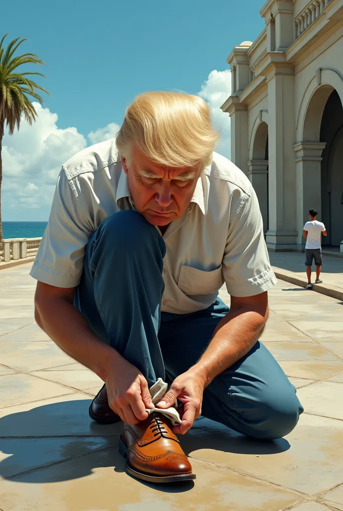 Create an image of Donald Trump polishing shoes on the Malecón in Nicaragua 