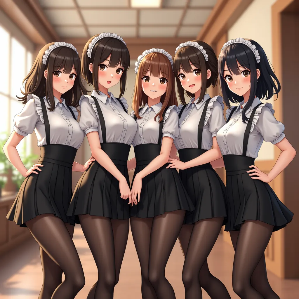 (waist-length black pantyhose all the time:1.999)

(wear black pantyhose right up to the butt５Human women:1.999)

(standing figure of a woman wearing black pantyhose:1.999)

(Japanese Women:1.999)

(They all wear maid clothes:1.999)

(super miniskirt:1.999...