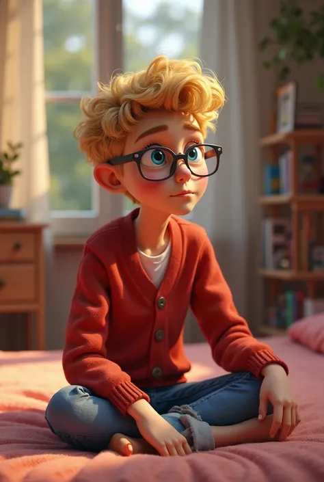 A 3D image of Emir sitting on his bed, looking thoughtfully at his room. He has curly blonde hair, blue eyes, and wears rimmed glasses. Emir, in his red cardigan and blue jeans, seems to be considering whether his adventure is a dream or reality. The room ...