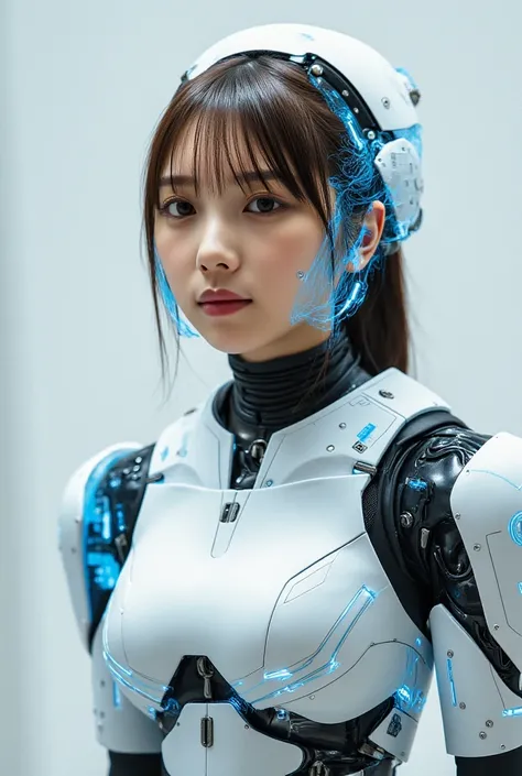 Android Girl Blueprint, (masterpiece:1.2, Exceptional Quality, mirror-like, Cinematic Experience, Photorealistic:2.0, RAW Photos:2.0, Super detailed), 8k,wallpaper, (Representing blueprints through holograms:2.0), (Beautiful woman:2.0), Female Cyborg, Whit...