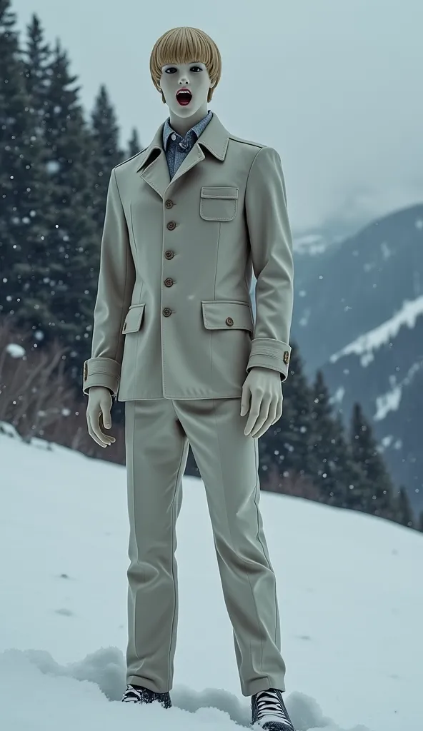 Male mannequin with black eyes and mouth、(open your mouth)、Clothes are light、My hair is short blonde、((Falling down on a snowy field))、The background is a dark snowy mountain with a blizzard、masterpiece、Best Quality、Creepy