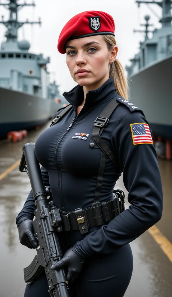 A stunning 20-year-old Polish female special forces naval officer stands with confidence at a naval base, embodying both elegance and strength. Her captivating face, with sharp yet graceful features, exudes determination and professionalism. Her striking b...