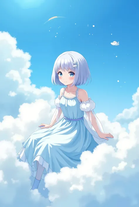 score_9, score_8_up, score_7_up, UHD, Masterpiece, amazing quality, very aesthetic, absurdres, ultra-detailed, 1girl\solo\(hamuko-chan, elf, silver white bob cut,  hair clip \fluffy clouds\sheer silk around arm like goddess:1.3\pastel blue and white lolita...