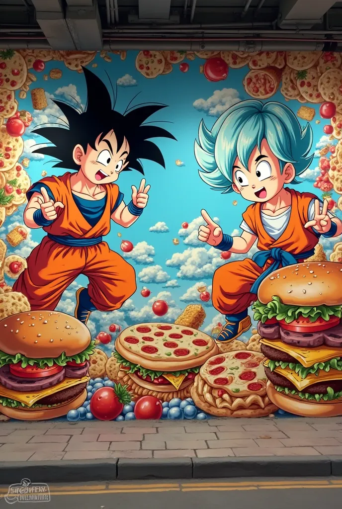 Create horizontal mural Dragon Ball hamburgers and pizzas Goku Bulma