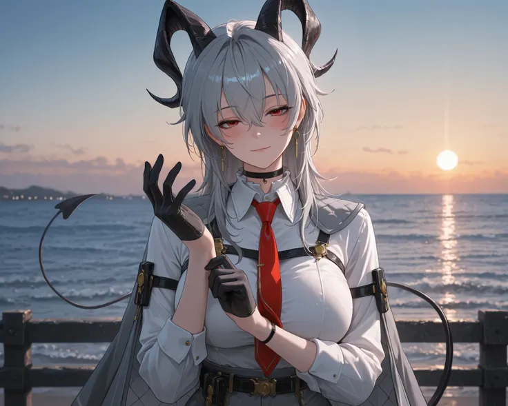 ((solo)), adjusting gloves, head tilt, half closed eyes, light smile, blush, z4ni, demon tail, long hair, multicolored hair, grey hair, hair between eyes, goat horns, demon horns, red eyes, large breasts, grey coat, coat on shoulders, white shirt, collared...