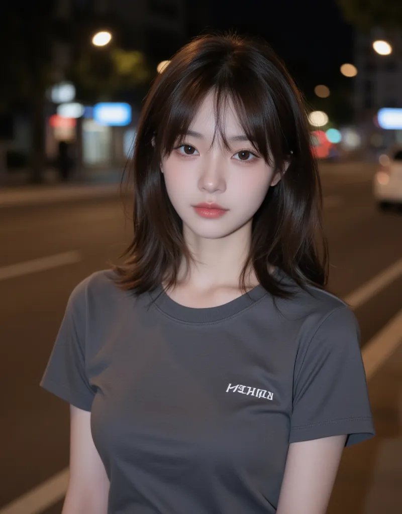 (Best quality, High resolution, Masterpiece :1.3), A pretty woman, Slender figure, Dark brown hair, T-shirt, (Street in city at night), Highly detailed face and skin texture, Detailed eyes, Double eyelid