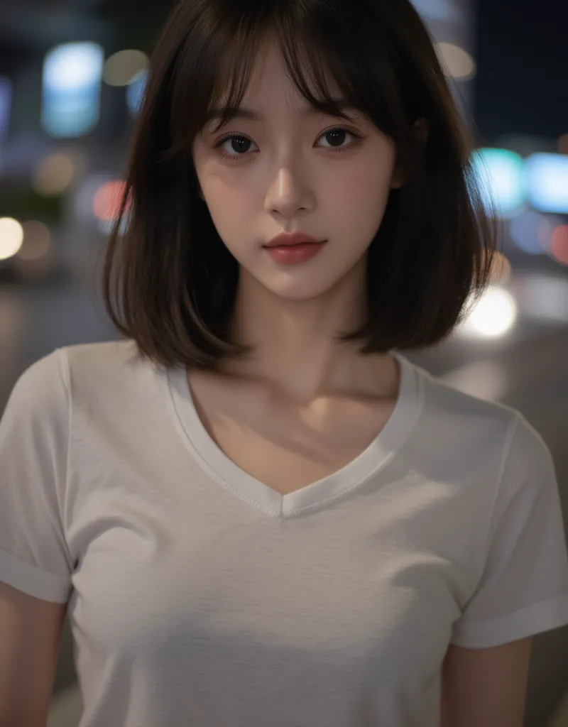 (Best quality, High resolution, Masterpiece :1.3), A pretty woman, Slender figure, Dark brown hair, T-shirt, (Street in city at night), Highly detailed face and skin texture, Detailed eyes, Double eyelid