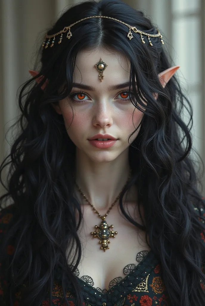 A character who is a goddess. your skin is white, And the totally black hair,  wavy and long . The eyes are red , As if magic went through. She is a goddess based on Middle Earth. No details of crowns and marks on the hair and face. elegant and very beauti...