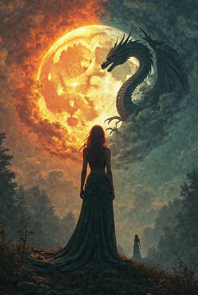 An image in which Ivy stands on her back, contemplating a splendid divided sky: on one side, a brilliant sun with a dragon silhouette that illuminates a landscape full of life,  and the other , a full moon with a dragon silhouette enveloping both sides tha...