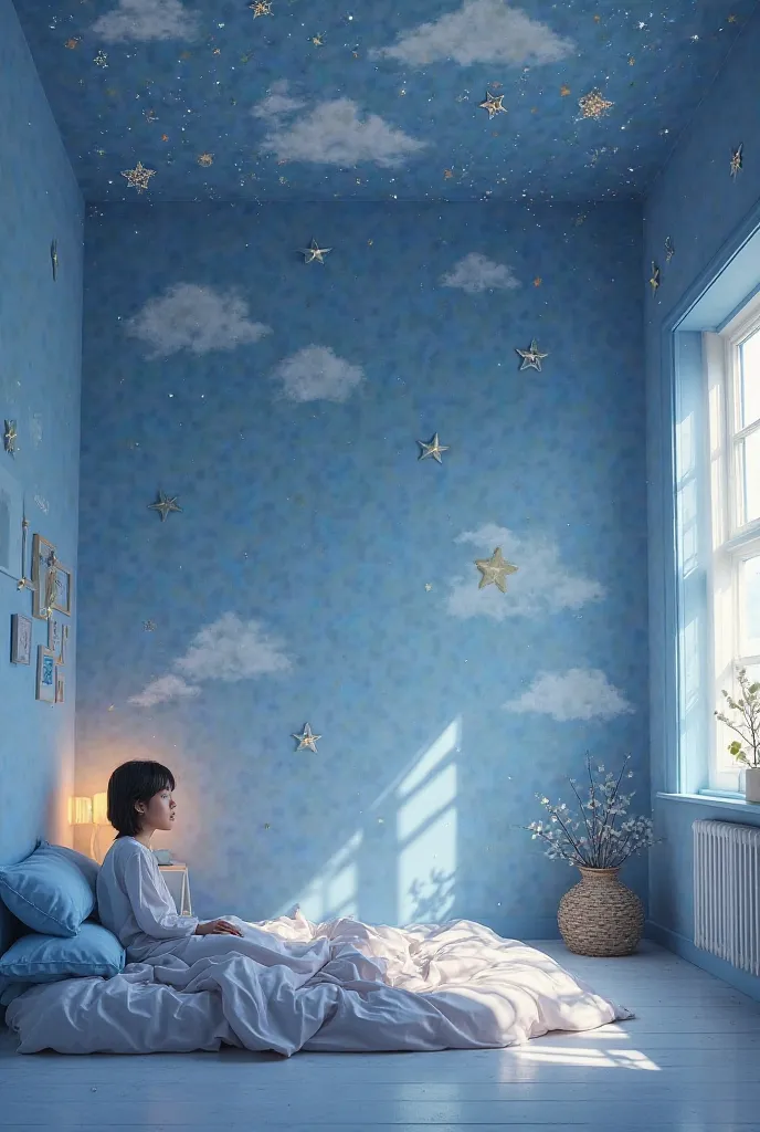 Donne moi une photo avec cette description :une chambre aux tons bleus, décorée de nuages et d'étoiles, avec un mur gris en fond.*
