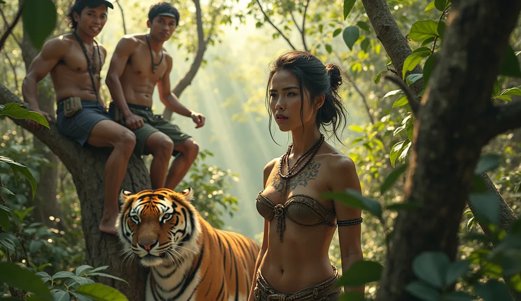 Two Thai hunters are sitting in a tree, looking terrified as they see a large tiger and a beautiful young woman with a tattoo of Khmer characters on her chest.