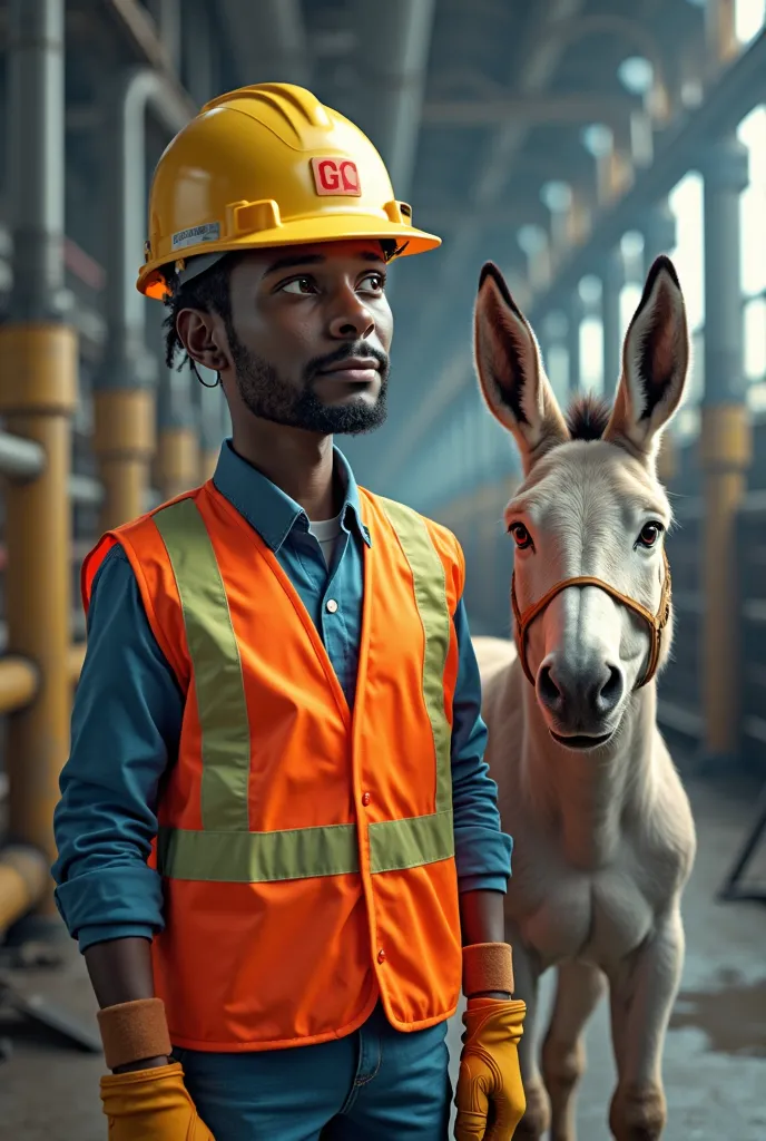 Could you make me a character called Gis who wears a safety vest, safety helmet and donkey that comes out showing different hand signs and that talks about industrial safety 