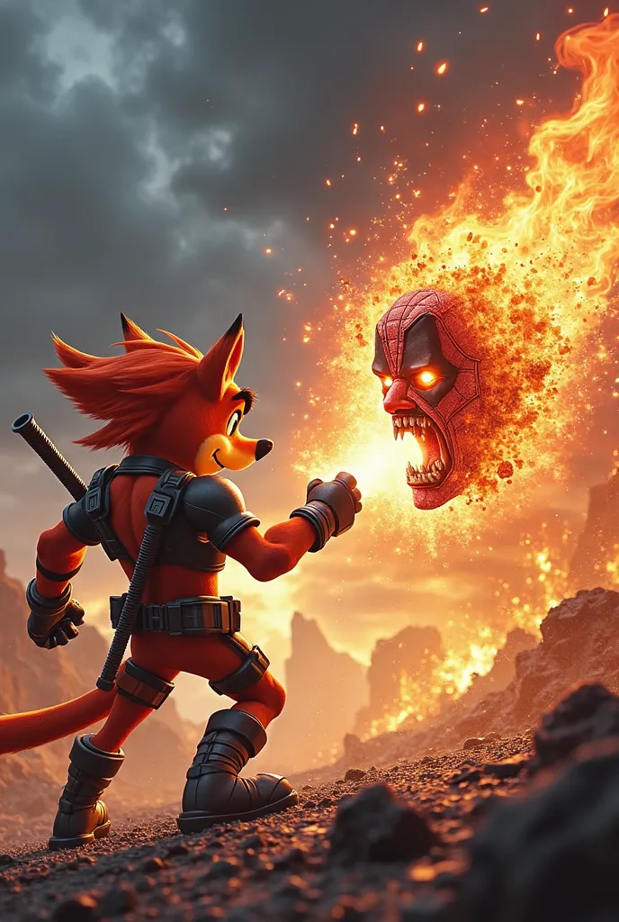 Crash bandicoot kills deadpool by incinarating deadpool with his powerful ultra instinct energy blast. Displaying deadpool's Head melting away in crash bandicoot hand.