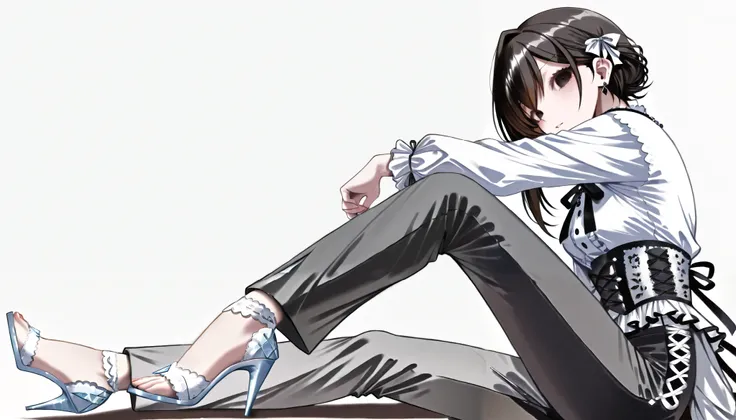 Cool women、beauty、Yandere、Christian Dior Necklace、(black lace background, sitting on the floor pose, view from side)、(black hair, black eyes)、((black corset, black frilly full clothed blouse, black pants, e-girl fashion, (white peals and black lace), (full...
