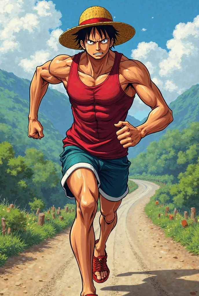 Luffy with muscles and runner clothes
