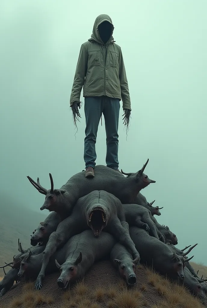 A scarecrow standing on a mountain of dead deer, moose, and bears