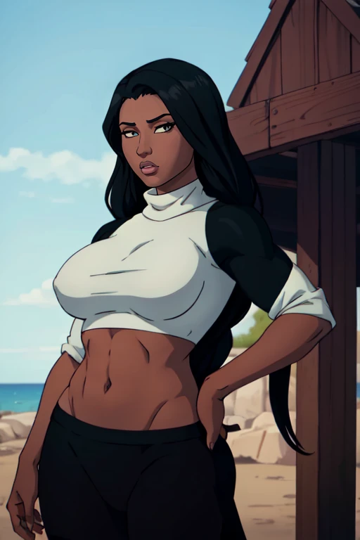 ((1girl athletic)) dark skin black hair very long hair grey eyes large breasts long sweater midriff close up highly detailed eyes seductive expression