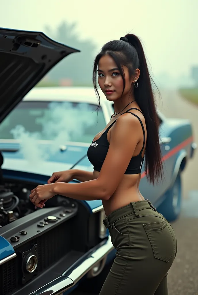 (photorealism:1.2), Full body view. A classic Muscle car, being repaired by 32 year old beautiful Asian curvy female mechanic, smiling, Repairing an engine with heavy smoke, Sweaty, big arms, big-breast round shape breast, perfect body woman with big hips,...