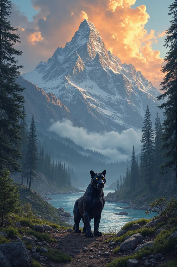 "A vast and stunning mountainous landscape, with snow-capped peaks stretching to the horizon. IN THE SKY, dramatic clouds form around the setting sun, creating a soft, golden light that illuminates the scenery. In the background, an imposing black panther ...