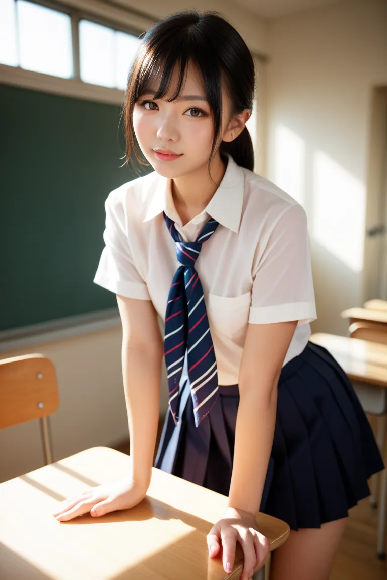 Best Quality,  Ultra High Resolution、realistic skin、classroom、Japanese、((Two cute s and women))、(( Low))、(( body type))、(( small tits))、 black hair、brown eyes、uniform、 Costume、standing doggy