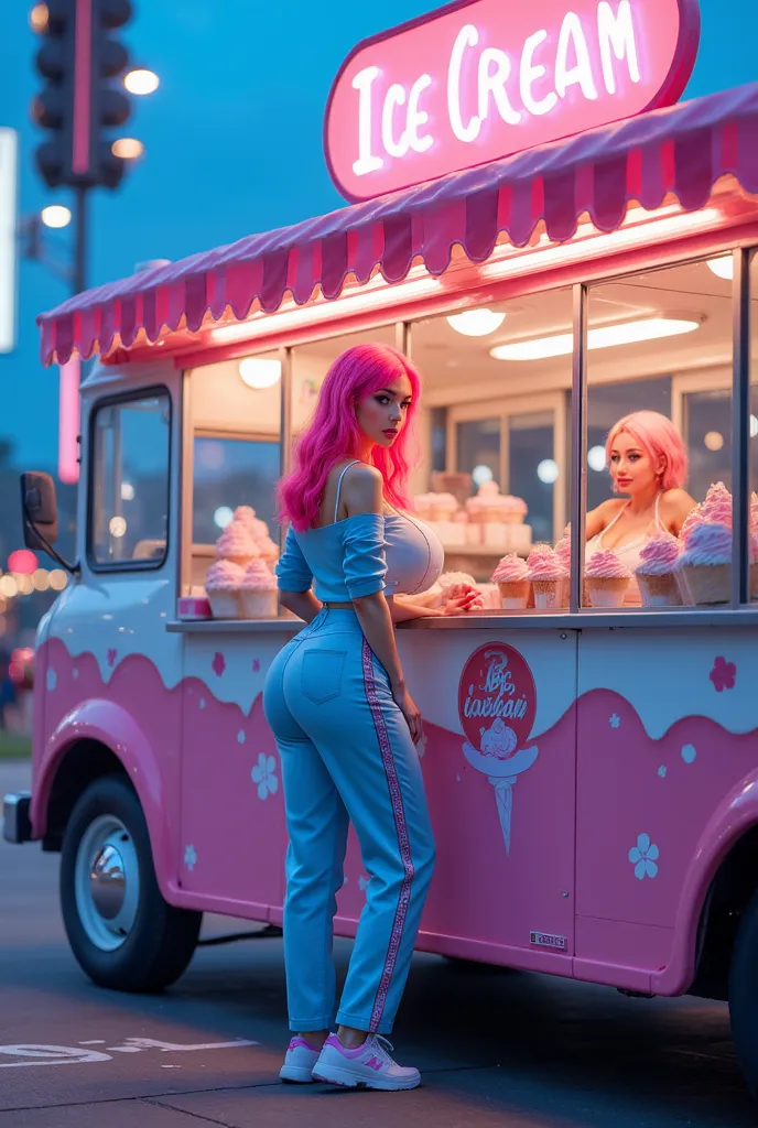 ice cream truck , the woman is wearing neon blue clothing, hot pink hair, extremely attractive woman selling the ice cream , 3d , psychedelic image , photo taken from a far, 