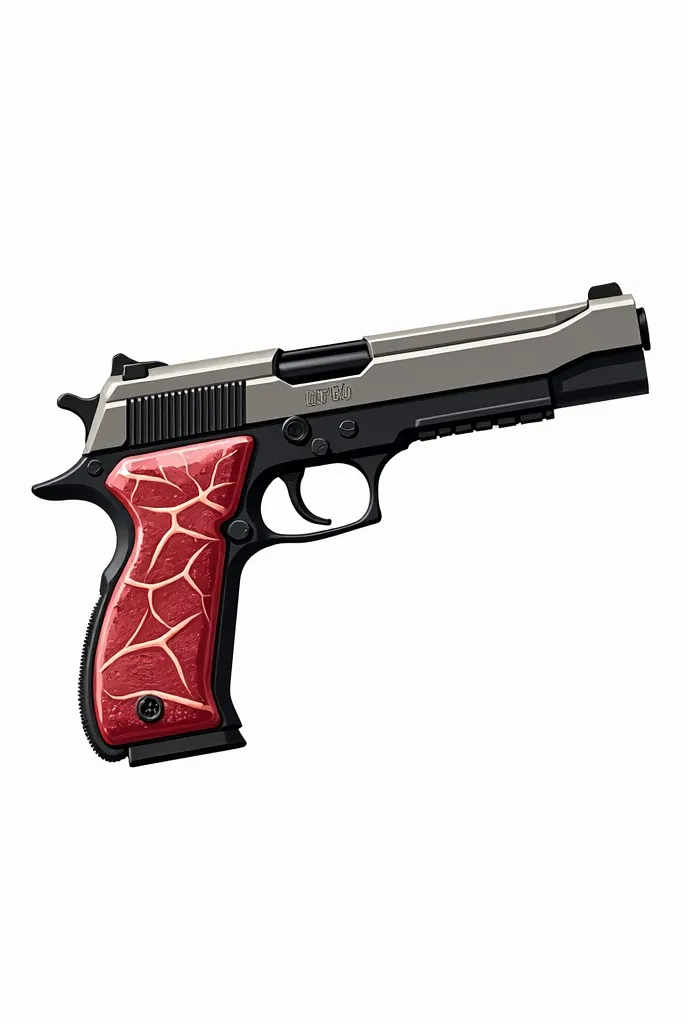 Digital illustration of a Desert Eagle Magnum on a crisp white background. The handgun is rendered in a sleek grey and black palette with intricate red vein-like details running across its body, evoking the appearance of raw, textured meat. The design is b...