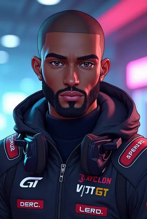 ISFP Twitch streamer, half African American male, athletic, short groomed beard, wearing GT racing clothes and helmet, shaved head, gamer, dark brown eyes, Character Design, Unreal Engine, Anime Style