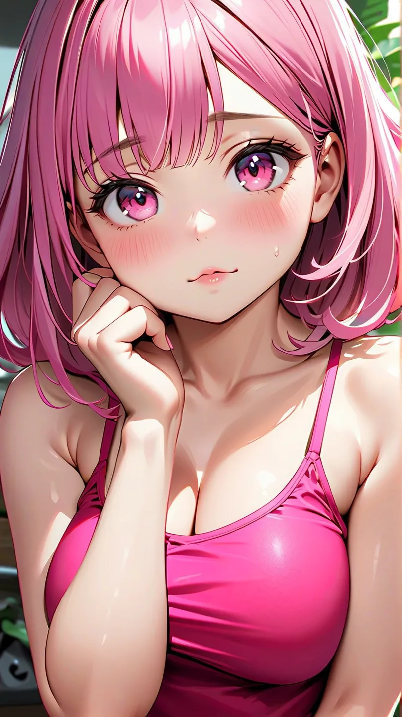 masterpiece, best quality, gloss々pink hair near MM, pink eyes, Big Breasts, cute, female portrait, (((Too deep shyness to dye her cheeks deep pink))), ((round eyes that make you want to be ruly and mean)), ((My cheeks and chest feel hot and horny)), (((Rou...