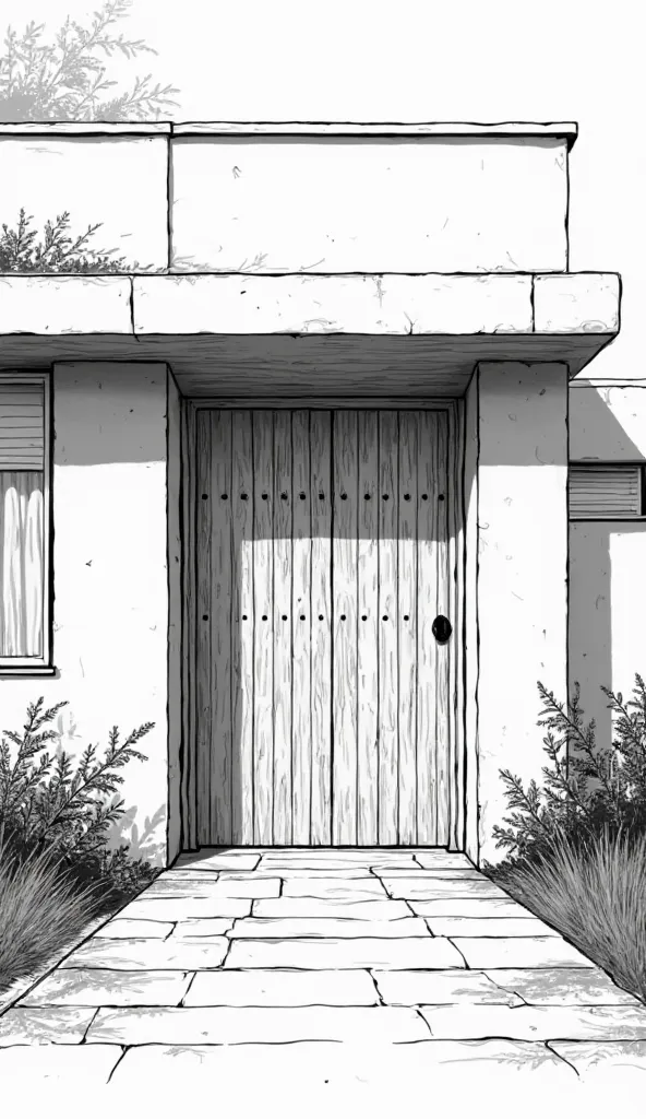 Black and white comic drawing of the door of a modern house when closed