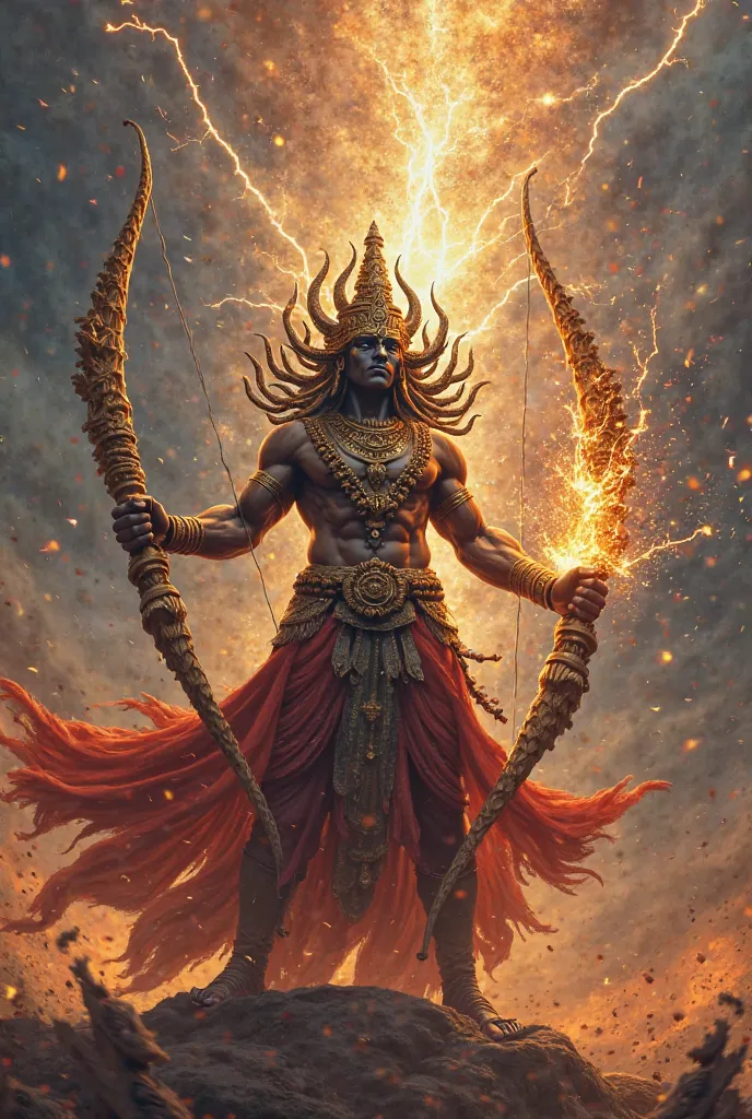 An intense image of King Ravana standing tall with the powerful Shiva Dhanush (bow), preparing to unleash its devastating power. The bow is glowing with cosmic energy, and Ravana’s ten heads are focused and fierce, showing his readiness for battle. The bac...