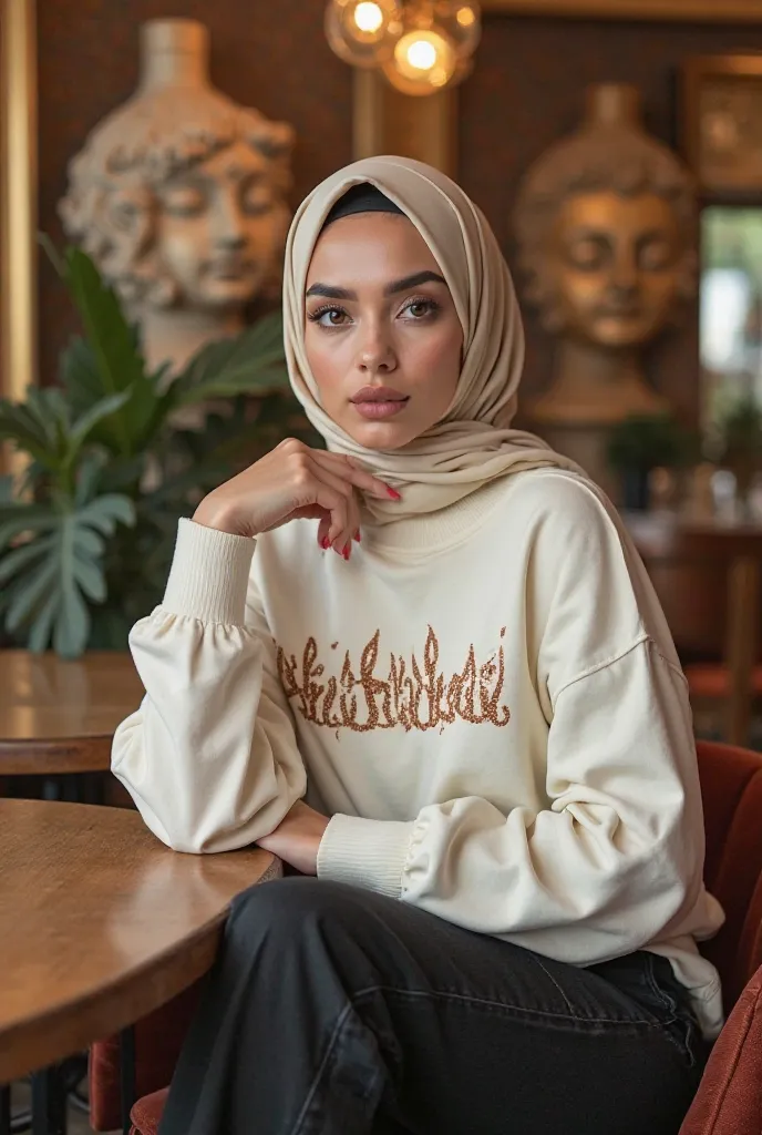 A woman in a cream hijab wearing a flaming white silver shirt with the inscription oky_kawaii and black jeans wide model tomboy posing facing camera is sitting in cafetaria with friend" Luxurious female cafetaria background theme with many sculptural decor...