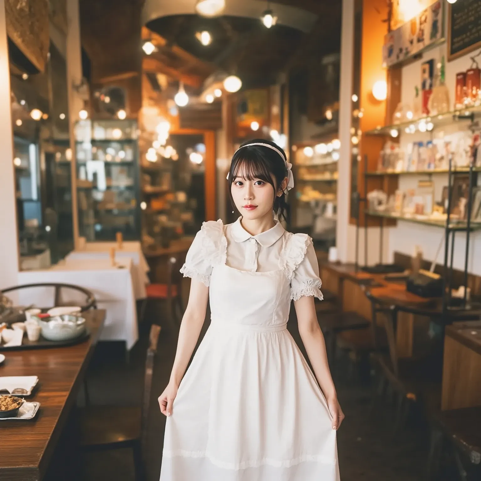 "A young woman working in a cozy café, wearing a classic maid outfit with a white apron and frilly headband. She stands at the entrance, warmly welcoming customers with a gentle smile. The café interior is charming, with wooden tables, soft lighting, and a...