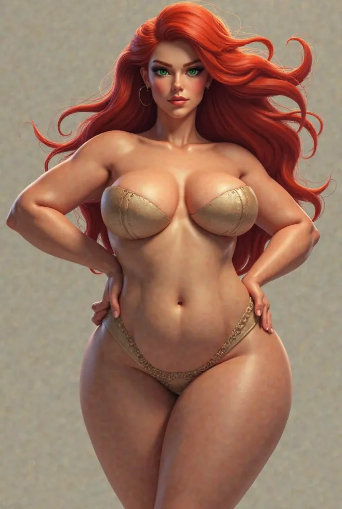 Create image in a way big breasts small waist wide hips thick legs big butt green eyes red hair in thread 